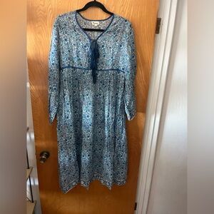 Karni 100% cotton Elegant Blue Jaal Floral batik Midi Dress XS